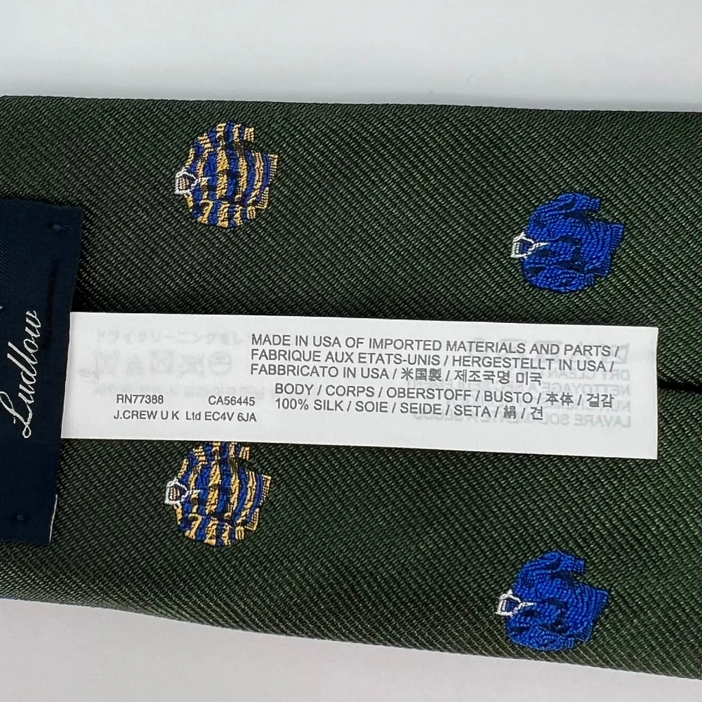 J. Crew Men's Rugby Pattern 100% Silk Tie Green Ludlow English Hand Stitched USA
